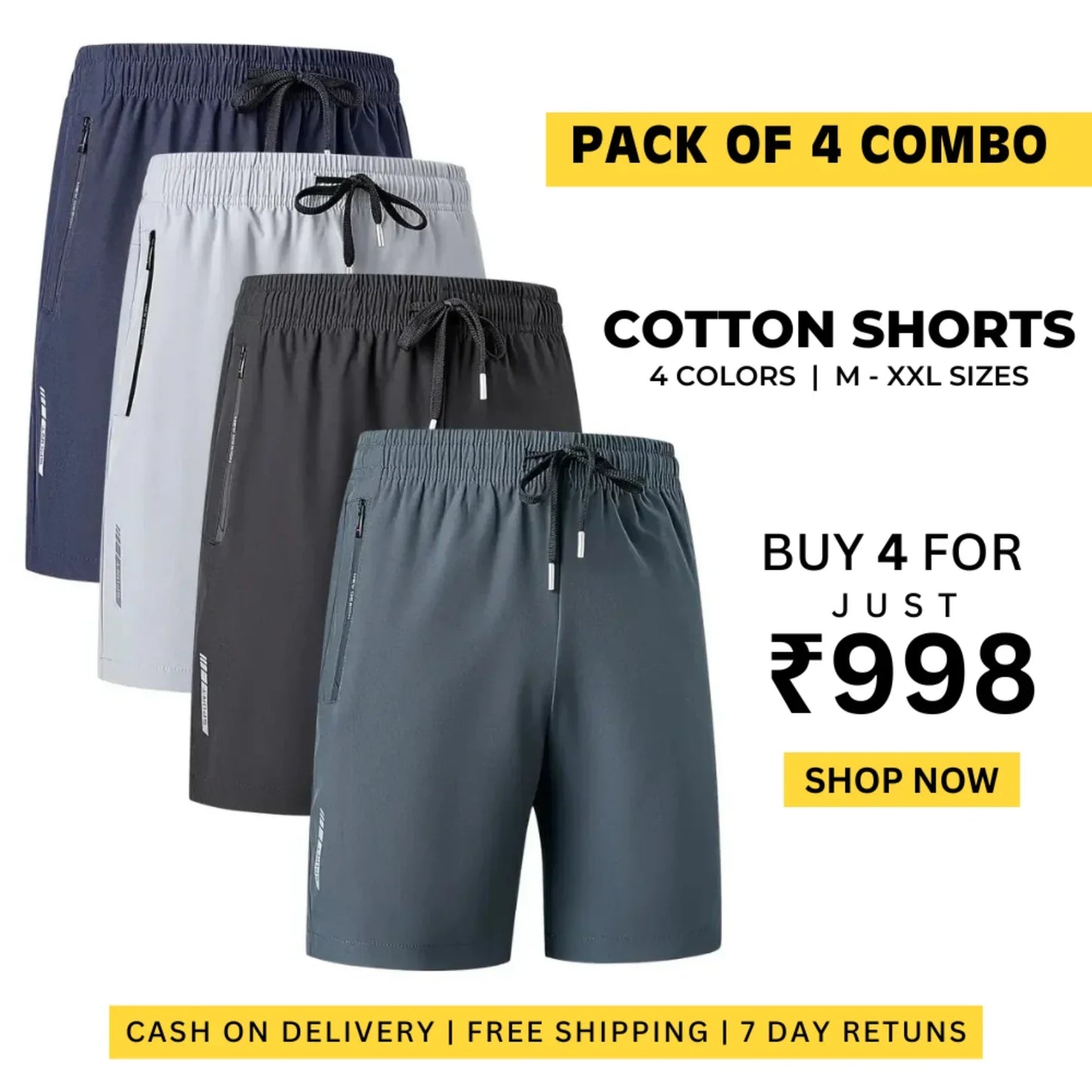 Combo of 4 Men's Stretchable Cotton Shorts for Summers